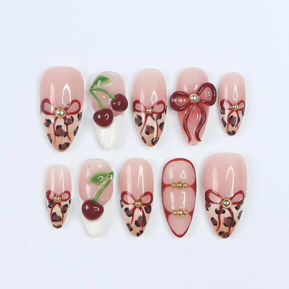 Press On Nails Wild Cherry Leopard | 3D Bow & Cherry Accents in Medium Almond - Picture 1 of 5